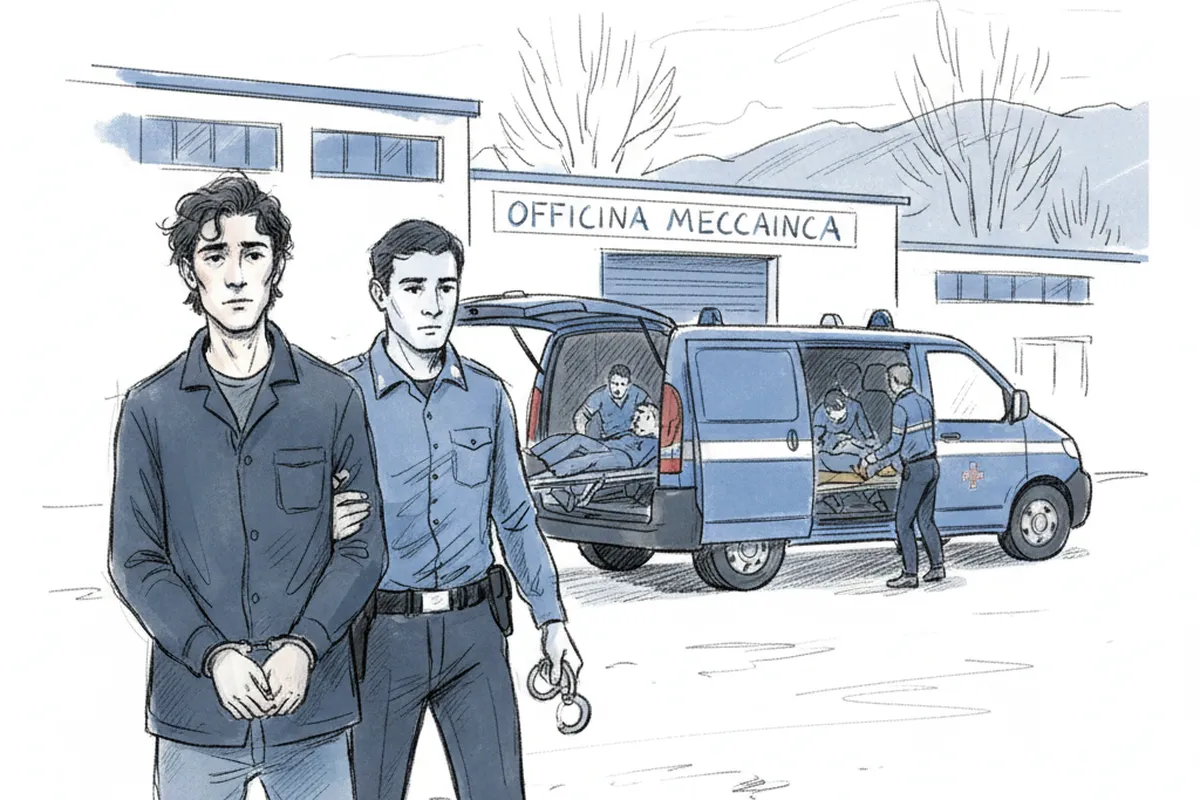 Illustrazione a corredo: Litigio in officina a Marcheno: un operaio aspetta i colleghi fuori con un taglierino, tre feriti e un arresto