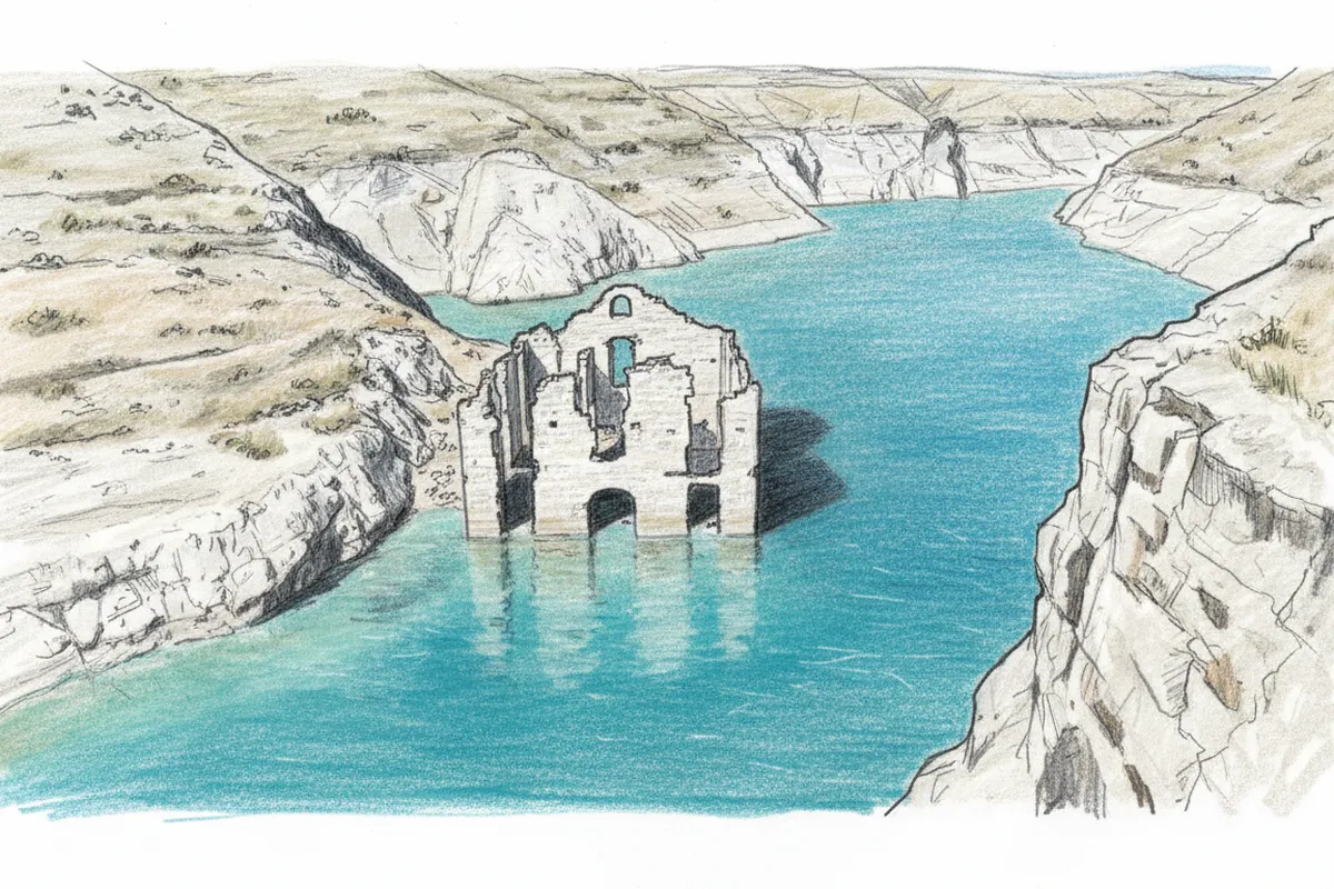 Illustrazione a corredo: Il lago si ritira e fa riemergere un segreto sommerso dal 1962 che tutti vogliono fotografare