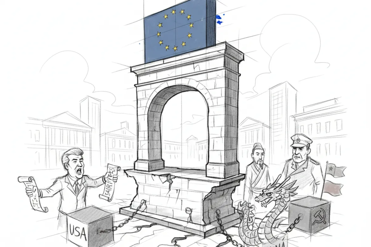 Illustrazione a corredo: L'Unione Europea in equilibrio precario tra Usa, Cina e Russia