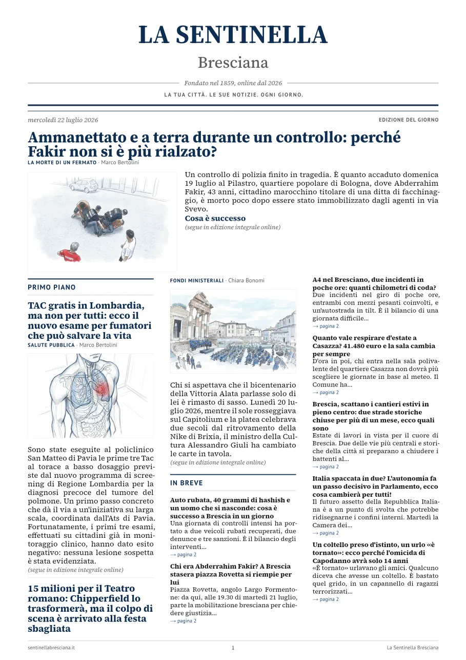 Prima pagina dell'edizione del mercoledì 22 luglio 2026