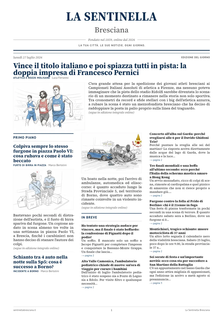 Prima pagina dell'edizione del lunedì 27 luglio 2026
