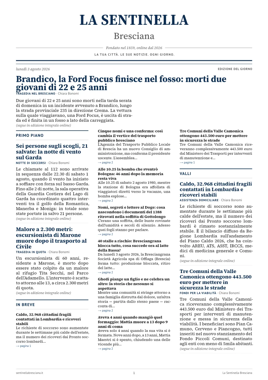 Prima pagina dell'edizione del lunedì 3 agosto 2026