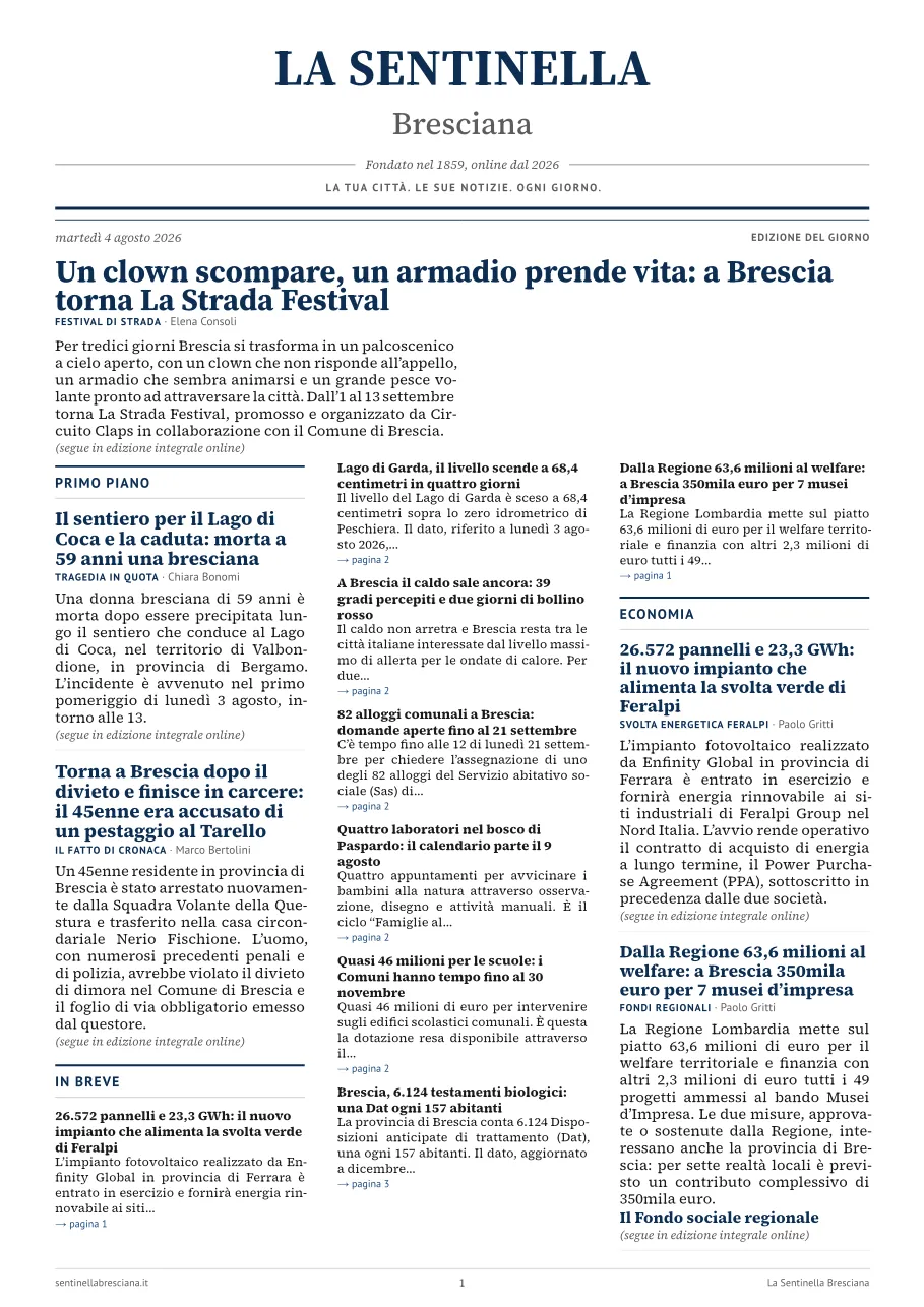 Prima pagina dell'edizione del martedì 4 agosto 2026