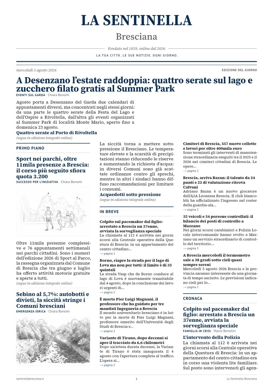 Prima pagina dell'edizione del mercoledì 5 agosto 2026